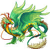 a pixel art green and yellow dragon